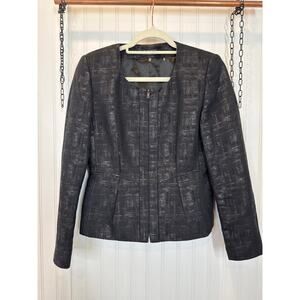 Elie Tahari Black Cotton Raffia & Wool Blend Full Zip Jacket Size 6